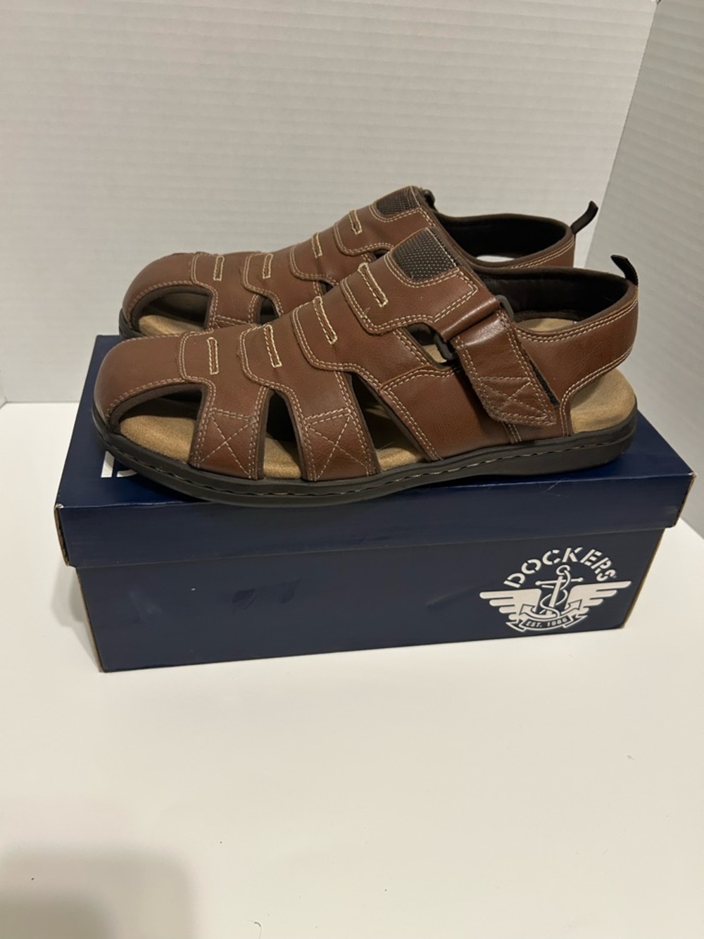 Dockers Brown Leather Fisherman Sandals with Hook-and-Loop Straps